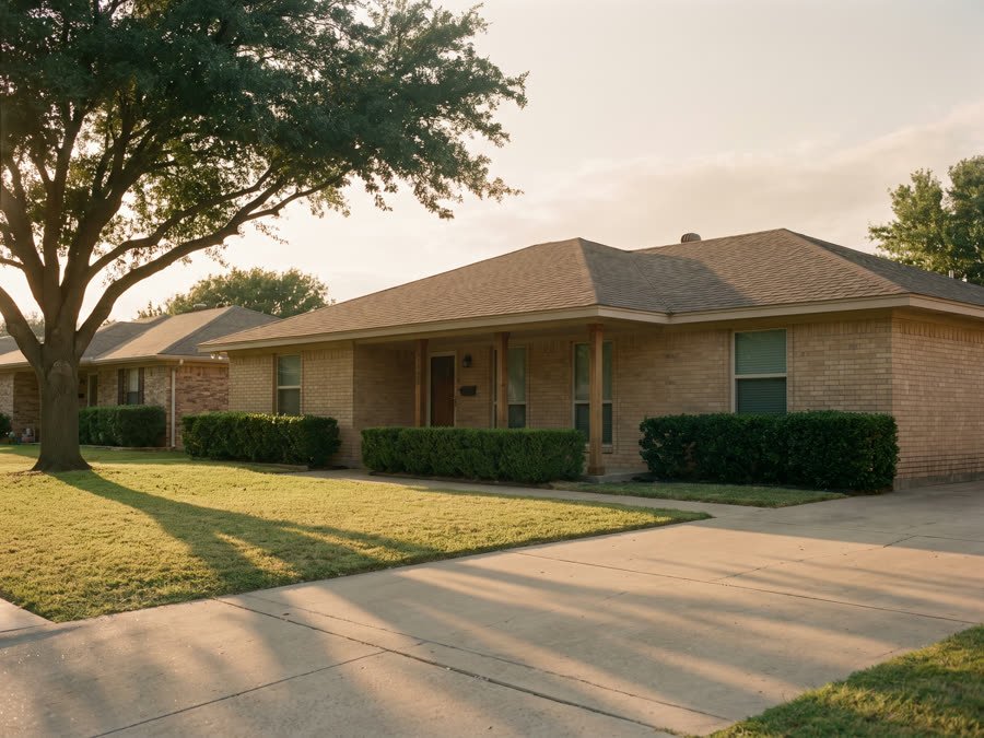 A single-storey home shaded by a live oak, managed in Plano, Texas