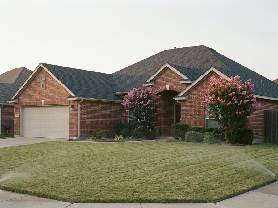 A single-storey brick home with crepe myrtles, managed in Frisco, Texas