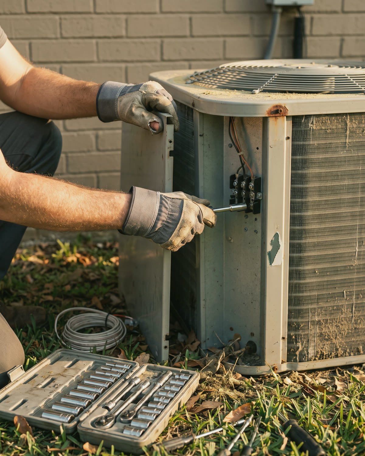 A technician servicing an outdoor air-conditioning condenser